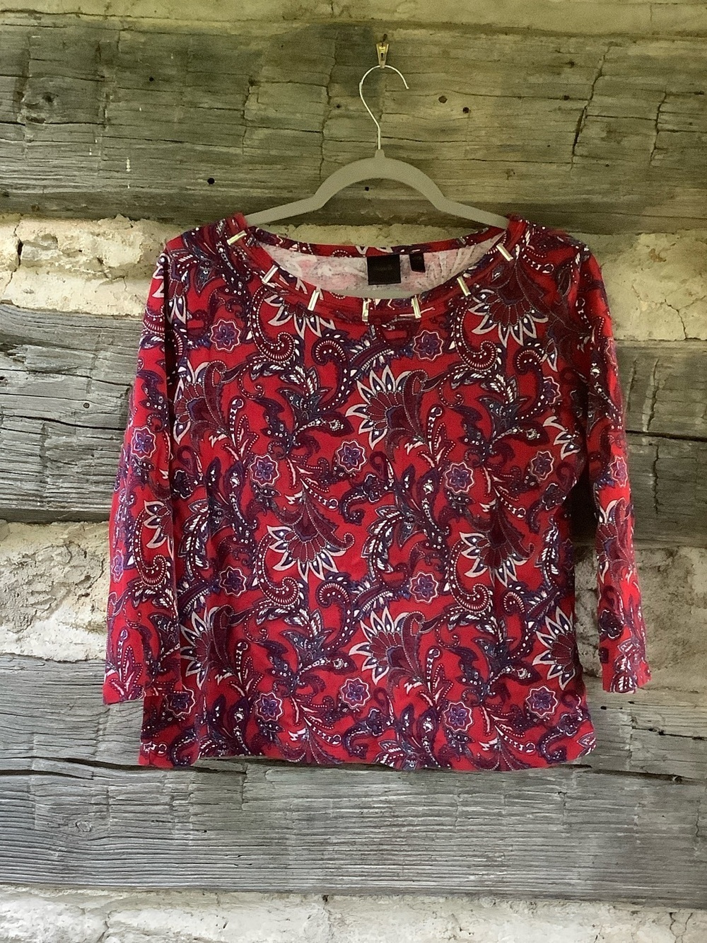 Rafaella Red Paisley Long Sleeve Scoop Neck Top